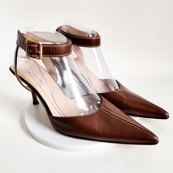 Y2K 90s Anne Klein Heels Size 9 Brown Leather Pointy Toe Ankle Strap 3" Stiletto - Picture 3 of 12